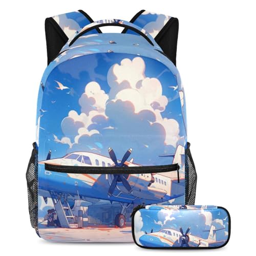 Sac à dos avion avec trousse, ensemble scolaire 2 pièces de grande capacité pour adolescents