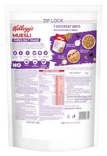 Image of Kellogg's Millet Muesli with 84% Fruit, Seed & Multigrain| Power Breakfast | No Maida No Palm Oil | India's No 1 Muesli | 1000g (Pack of 3)