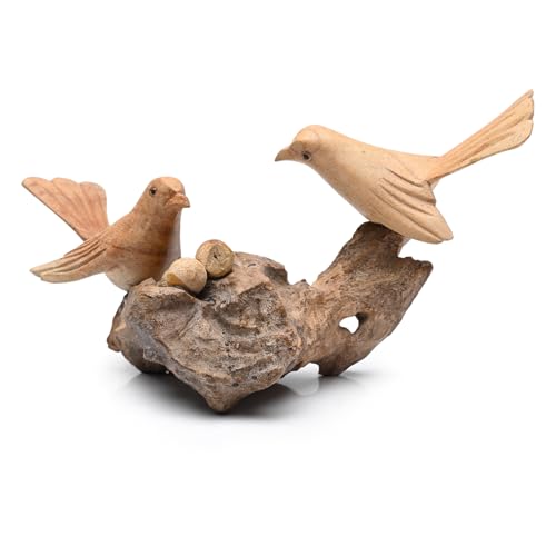 Image of BAGUS Handcrafted Wooden Birds on Nest Sculpture, Traditional Home Decor, Natural Wood Finish, 20X9X9 cm