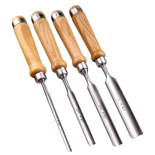 LWCUSNJ 4-Piece Wood Chisel Set, 8mm 12mm 18mm 25mm CR-V Steel Curved Outer Edge Gouge, Sharp Wood Carving Chisels with Firm Wood Handle for Woodworking, Carpentry, DIY Crafts