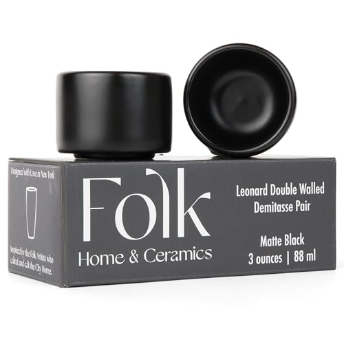 Folk Ceramics Leonard Ceramic Espresso Cups | Modern Stackable Demitasse Mugs for Espresso | Thick Walled, Handleless, Durable, Dishwasher & Microwave Safe | Set of 2, 3oz | Matte Black