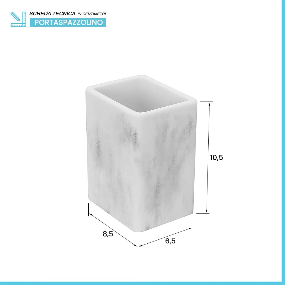 Set Accessori Bagno 2 Pezzi Con Dispenser Sapone Liquido E Bicchiere Porta Spazzolini In Poliresina Effetto Marmo Bianco Della Linea Marmo