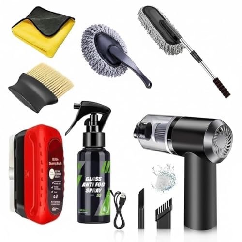 Image of 7 PCS Car Cleaning Kit with 3-in-1 Mini Vacuum Cleaner, Microfiber Cloth, Duster, Wheel Brush, Anti-Fog Spray & Glass Cleaning Tools (7 in 1 Car Combo)