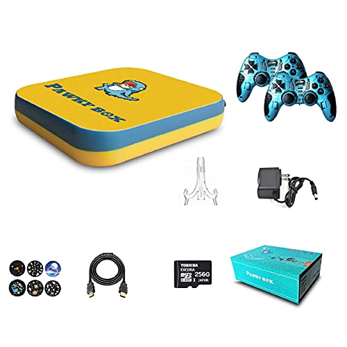 Pawky Box Video Game Console with built-in 50,000+ games, home game console, 2 controllers, support NES NEOGEO DC N64 PS1 PSP, WiFi LAN, best gift for kids (256GB)64G-blue (yellow-256G)