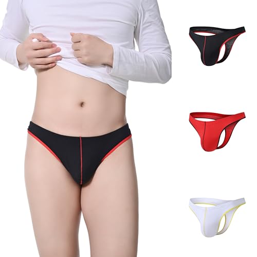 Men's Sexy Thong Underwear, Cotton G-String Low Rise Underpants Red/Black/White 3 Pack