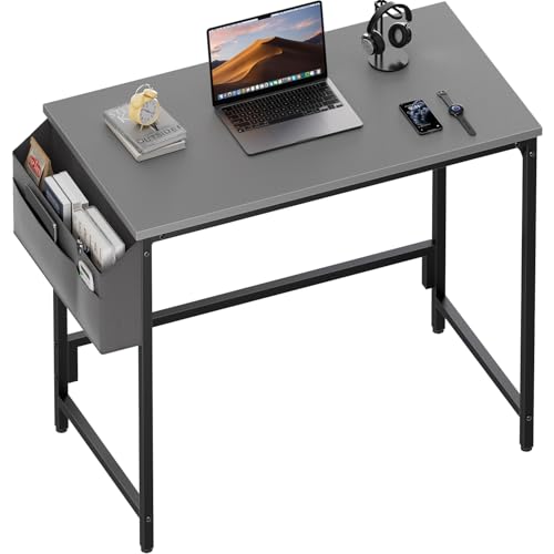 HLONONE Schreibtisch, Computertisch Kleiner Tisch, 80 x 40 x 74 cm, Bürotisch mit Aufbewahrungstasche, PC Tisch für Büro, Arbeitszimmer, Schlafzimmer, Metallgestell, Moderner Einfacher, Grau