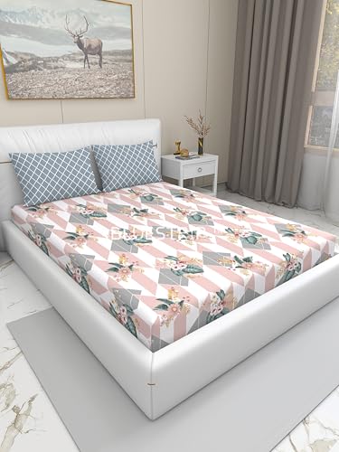 Image of Blue Strip 300 TC Cotton Feel Glace Cotton Flat Printed Queen Size Double Bed Bedsheet with 2 Pillow Covers,Size- 90 x 100 Inches