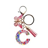 SANLONGXL Bonitos llaveros con letra inicial para mujeres y niñas, con borlas, mariposa, rosa, morado, verde, llavero para mochila escolar, C-rosa, Mini
