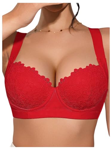 OYOANGLE Women's Push Up Lace Bras Underwire Adjustable with Wide Strap Lingerie Shaping Support Sexy Bras Red 38D