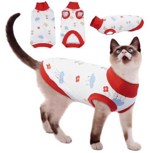Image of Hjyokuso Cat Jumper, Soft Cotton Breathable High Neck Sleeveless Cat Shirt for Indoor Use, Light Warmth, Multi-Kitten Identifier & Comfort (Red Print - S)