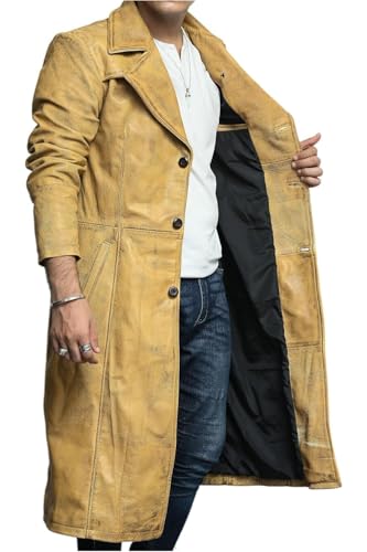 HIDE & SEEK Men's Cowboy Vintage Retro Full Length Duster Blazer Classic Style Waxed Lambskin Leather Long Coat3