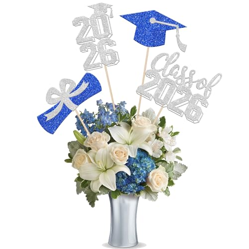 12 PCS 2026 Graduation Centerpiece Sticks Assembled Class of 2026 Table Centerpieces Diploma Congrats Grad Cap Flower Decorations for 2026 Graduation Theme Party Centerpieces Supplies Blue Silver