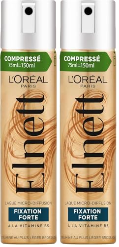 L’ORÉAL PARIS - Laque Elnett - Spray Fixation Forte - Enrichi en Vitamine B5 - Tous Types de Cheveux - Format Compressé 75ml (Lot de 2)