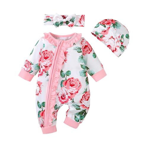 Image of AMAWMW Infant Baby Girl Clothes Long Sleeve Ruffle Romper Coming Home Outfit Newborn Fall Winter Outfits, Pink, 3-6Months