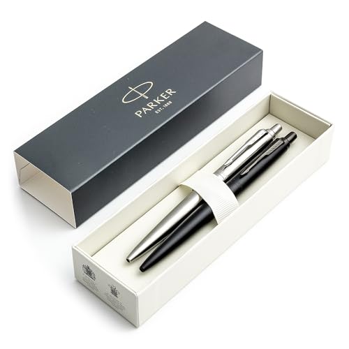 Parker Pen Jotter XL - Juego de bolígrafos monocromáticos de acero inoxidable y negro, punta media, tinta azul, caja de regalo