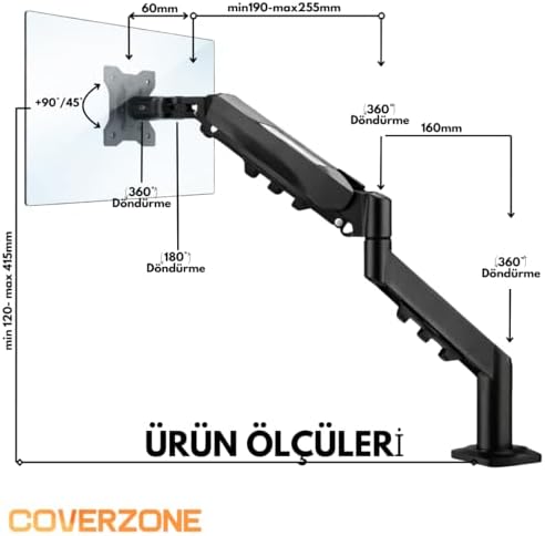Coverzone 17–32 İnç Amortisörlü Tekli Pivot Monitör Kolu, Gazlı Yaylı, 2–9 Kg, Çift Montaj Seçeneği Sıkıştırma ve Vidalama, 360° Döner, VESA Uyumlu Stant, F80, Siyah - Görsel 7