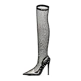 NEWBELLA Women's Rhinestone Mesh Pointed Toe Stiletto Heeled Boots – Sexy Knee High Slip-On Glitter Sock Boots for Party, Night Out, Clubwear Black 8.5
