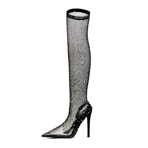 Women's Rhinestone Mesh Pointed Toe Stiletto Heeled Boots – Sexy Knee High Slip-On Glitter Sock Boots for Party, Night Out, Clubwear