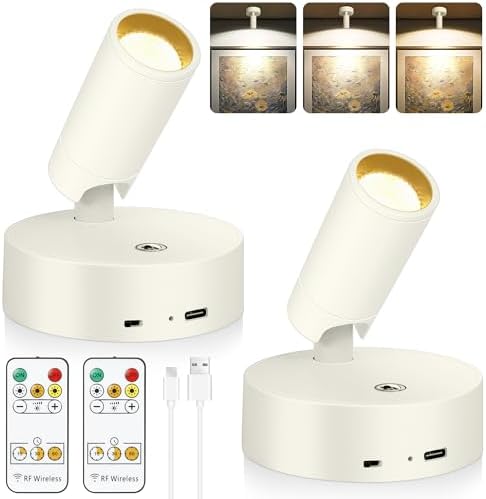 Led Spotlight Battery Operated, Wireless Spot Light for Painting Art Display on Wall with Remote, Indoor Uplight for Tree Plants, Dimmable Accent Light for Painting Frame Portrait Gallery -Ivory White