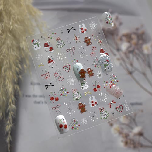 Image of Christmas Nail Stickers Snowman Nail Sticker for Nails Art Silver Nails Decals with Design Gingerbread Man Nail Decals 5D Self Adhesive Xmas Tree Nails Stickers for Women Girls Kid Manicure Decoration