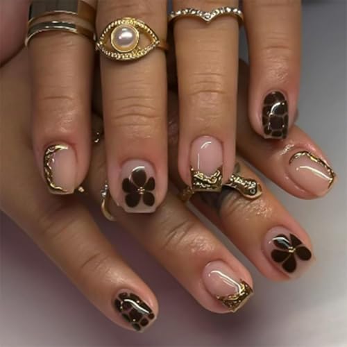 Image of Short Square Press on Nails Flower Fake Nails Gold Chrome Glue on Nails Glossy Full Cover Stick on Nail Reusable Artificial Acrylic French Tip False Nail for Women Girls Manicure 24Pcs