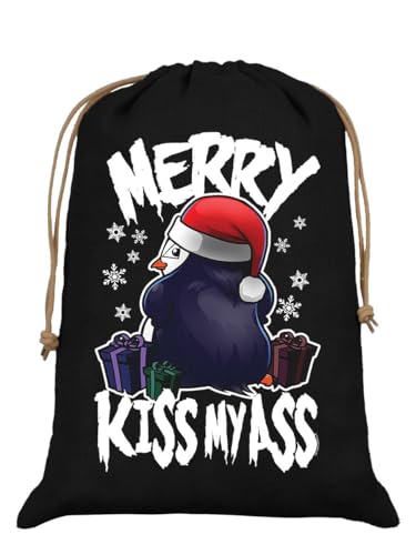 Grindstore Psycho Penguin Merry Kiss My Ass Black Hessian Santa Sack