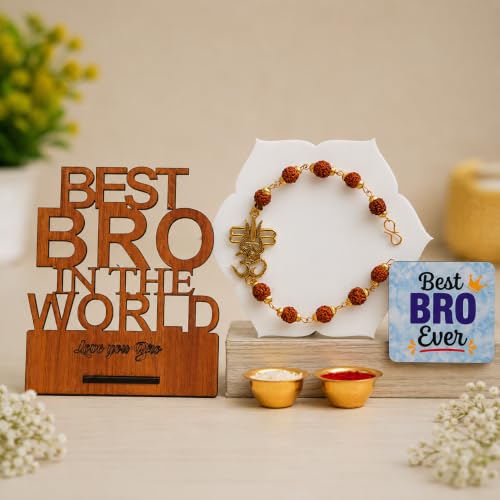 Image of eCraftIndia Rudraksha Om Trishul Rakhi Gift Set for Brother | Designer Rudraksha Rakhi with Best Bro Ever Fridge Magnet, Best Bro in the World Wooden Showpiece & Roli Chawal
