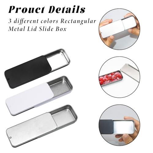 Image of 3 Pack Metal Tin Box Containers, Small Metal Box 3.15 x1.34x0.4 Inch, Empty Mini Container for Candies, Jewelry, Pills, Needles (Blackx1 /Silverx1 /Whitex1)