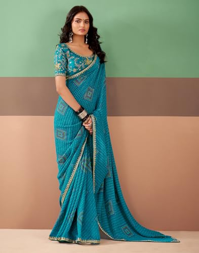 Image of SIRIL Women's Georgette Bandhani Printed, Embroidery Lace Saree With Unstitched Blouse Piece