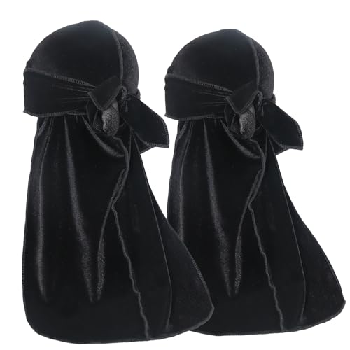 Velvet Durag for Men Velvet Dorag for Waves 2 Pieces Due Rag for Men Women (Black Black)