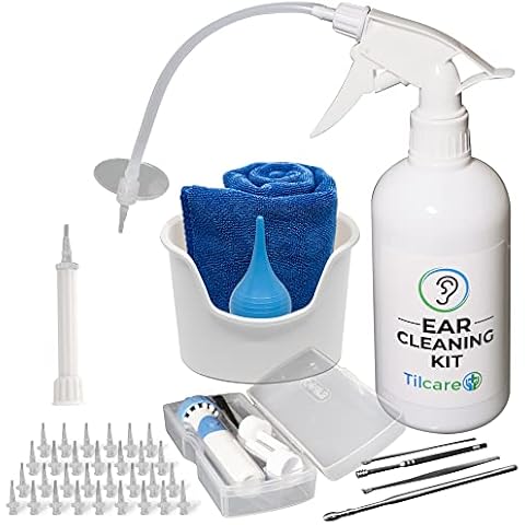 Ear Wax Vacuum Removal Tool by Tilcare - Ear Irrigation Flushing System for Adults & Kids - Perfect Ear Cleaning Kit - Includes Electric Vacuum Tool, Basin, Syringe, Curette Kit, Towel and 30 Tips Cover