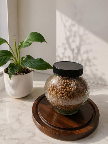 Image of Designer Transparent Glass Storage Jar with Black Plastic Airtight Lid, 900 ML Food Grade Kitchen & Pantry Storage Container, Size 8 X 14 X 14 cm, Ideal for Pulses, Dry Fruits