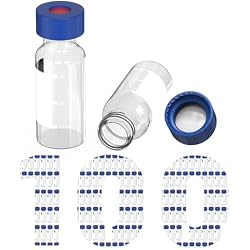 2mL Clear Autosampler Vials, HPLC & GC Sample Vials, Pack of 100 | Borosilicate Glass | Graduated Write-on Spot | 9-425 Blue Polypropylene Screw Cap | White PTFE & Red Silicone Septa