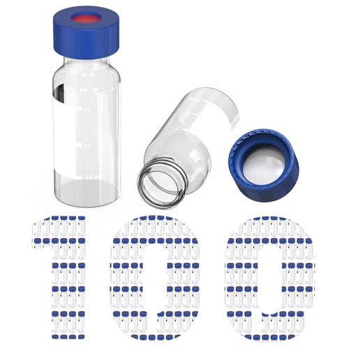 2mL Clear Autosampler Vials, HPLC & GC Sample Vials with Write-on Spot and Graduations, 9-425 Blue Polypropylene Screw Cap, White PTFE & Red Silicone Septa, 100 Pack