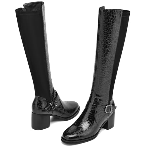 Womens Knee High Boots Chunky Low Heel Tall Boots Faux Leather Crocodile Boots Long Riding Boots3