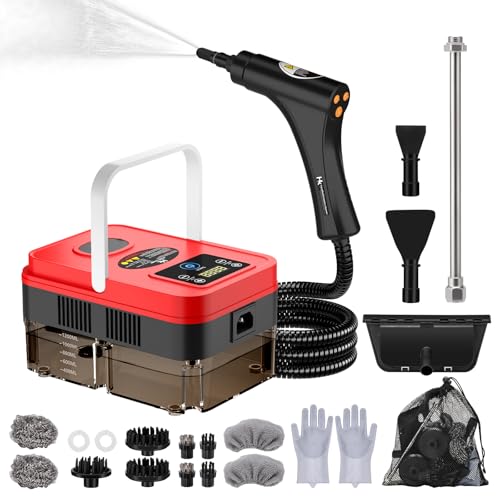 PAHTTO Limpiador a vapor multifuncional, depósito de agua de 1200 ml, pantalla LCD y mango ajustable, 20 accesorios, tiempo de calentamiento de 15 segundos, para cocina, sofá, ventanas, coche, etc.