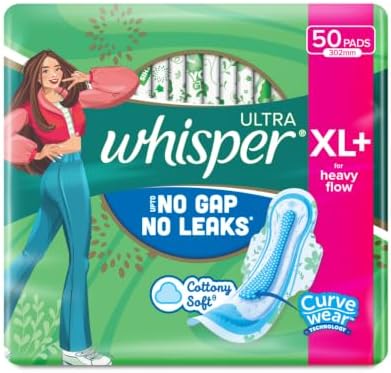 Whisper Ultra Upto No Gap No Leaks* Sanitary Pads, 50 XL+ Pads, For Heavy Flow Protection, With CURVEWEAR Technology, Cotton Like Softness, Disposable Wrapper, Locks Odour & Wetness (*Based on P&G Technical Data) (Product Does Not Contain Cotton)