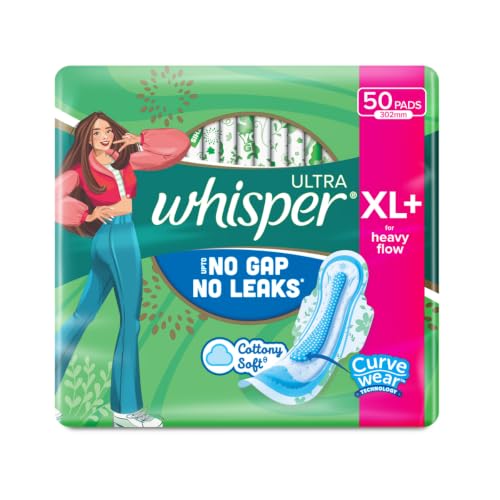 Whisper Ultra Upto No Gap No Leaks* Sanitary Pads, 50 Xl+ Pads, For Heavy Flow Protection, With Curvewear Technology, Cotton Like Softness, Disposable Wrapper, Locks Odour & Wetness (*Based On P&G Technical Data) (Product Does Not Contain Cotton)