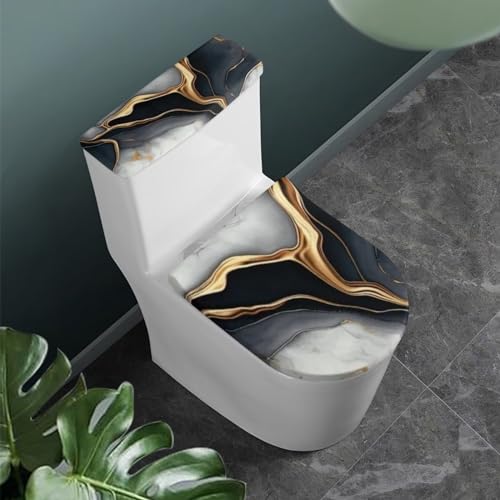 KUIFORTI Black Gold Marble Toilet Lid Cover and Toilet Tank Cover Set 2 Pcs Washable Set for Bathroom Fits Most Tanks & Lids - Thumbnail 2