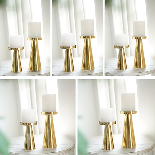 Image of Behoma Handcrafted Gold Metal Pillar Candle Holders Pack of 5 Sets | Decorative Candle Stand Set for Modern Centerpiece for Home Decor, Dining Table, Wedding, Diwali, Christmas & Housewarming Gifts