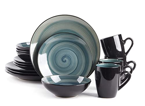 HomeVss, Stoneware Sonoma 16pc Dinnerware Set, Black + Speckled Spin Wash Blue, 16pc Set