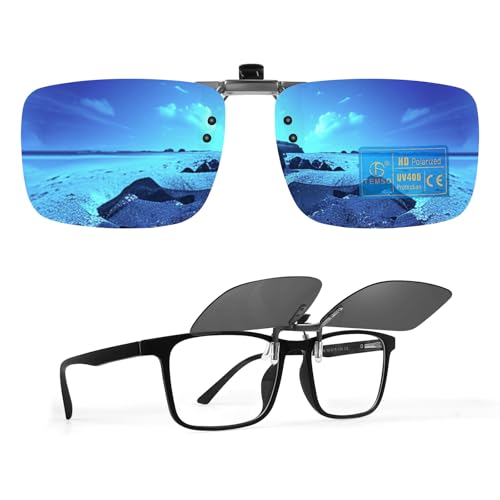 TEMSO Clip On Sunglasses Mirror For Mens Womens,Flip Up Polarized Fit Over My Glasses On Holiday,UV400 Protection|HD Vision|True Color|Ice Blue|60 * 46mm