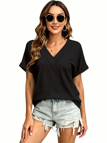 Image of T Shirts Short Sleeve V Neck Tees Womens Tops Beach Vacation Fashion Clothes 2026 Casual Summer Spring Fall Outfits