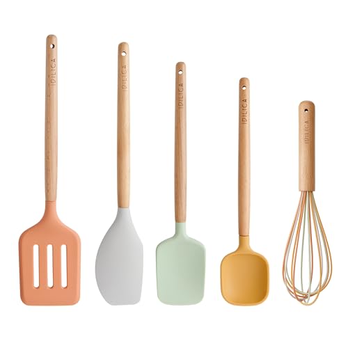 KitchenCraft Idilica Set di utensili in silicone, set di utensili da cucina da 5 pezzi con manici in legno di faggio FSC, utensili da cucina multicolore