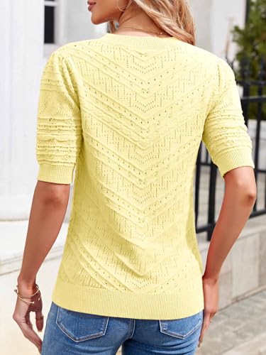 Image of Womens Puff Short Sleeve Sweater Summer Crew Neck Ribbed Knit Pullover Tops