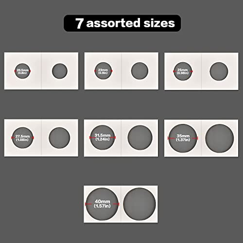 350Pcs Coin Holders Cardboard Coins Flips 2X2, 7 Sizes Collection Display Book For Collectors Collecting Protector Fits For 20.5, 23, 25, 27.5, 31.5, 35, 40 Penny, Quarters, Tokens, Medallions #TOP1