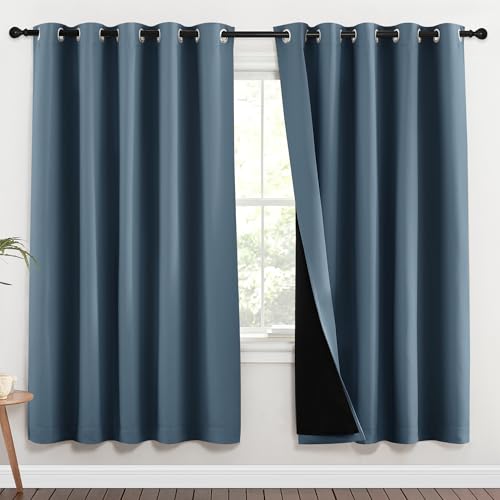 Image of NICETOWN 100% Blackout Window Curtain Panels, Smoky Blue, 2 Pieces, 70-inch Wide Per Panel, Full Light Blocking Drapes with Black Liner for Nursery, 72-inch Drop Thermal Insulated Draperies