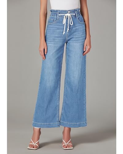 LookbookStore Womens Jeans Wide Leg High Waisted Trendy Elastic Wasit Drawstring Stretch Denim Pants Baggy Trouser Jeans2