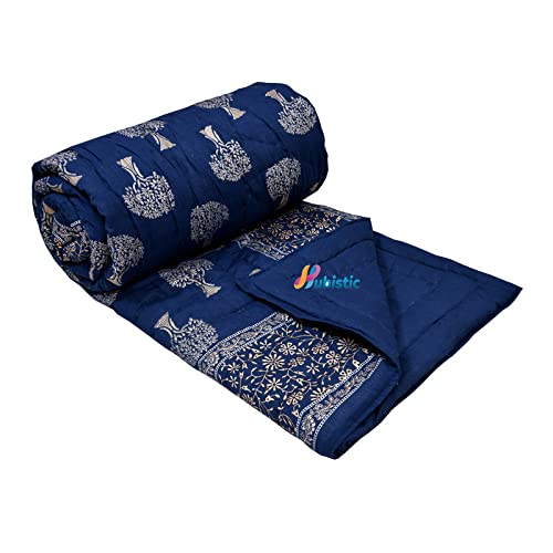 WOODSY 400 TC Jaipuri Rajasthani Traditional Light Weight Pure Cotton Single Bed Soft Jaipuri AC/Winter Quilt/Razai Floral Blue Print (Size 55 X 85 inch Stitch Including) Set of 1 Twin Size