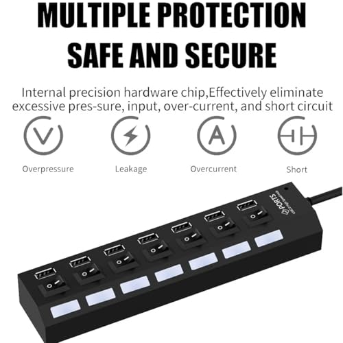Image of USB Splitter Multi-Port USB 2.0 Hub | 7-Port Data Hub with Individual On /Off Switches and LED Indicators | USB A Expansion Adapter for PC Laptop Keyboard, Mouse Flash Drive Mobile and More